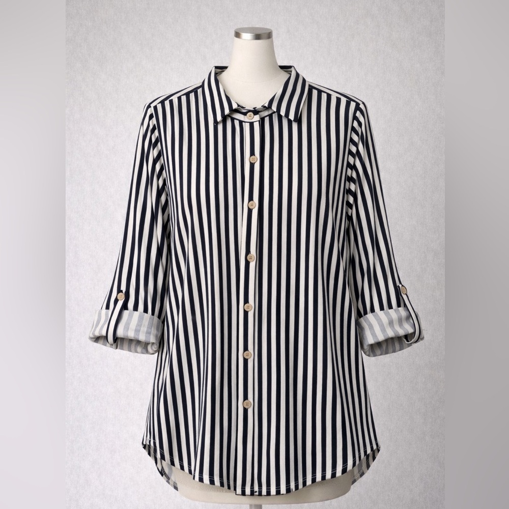 Classic Navy and White Stretchy Button Down Shirt
